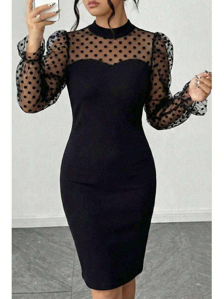 Mesh Splice Stand Collar Fitted Elegant Long Sleeve Dress - Black - View 1