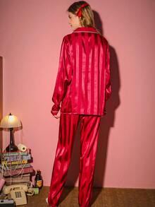 女士睡衣两件套，长袖衬衫和长裤，字母刺绣开衫，条纹提花面料，春秋冬款 - 酒紅色 - 查看 2