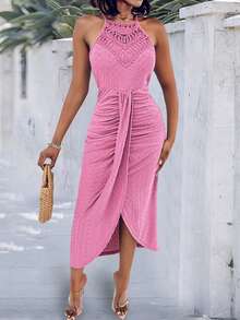 ChicMe Women's Sleeveless A-Line Dress With Front Slit And Tie-Back Design, Solid Color, Sexy & Elegant For Vacation, Evening Party Summer - Baby Pink - View 5