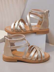 1 đôi sandal cao cổ đế bằng kiểu công chúa dễ thương cho bé gái, chống mài mòn và chống trượt, sandal La Mã hở mũi thời trang cho mùa hè - Vàng - Xem 1