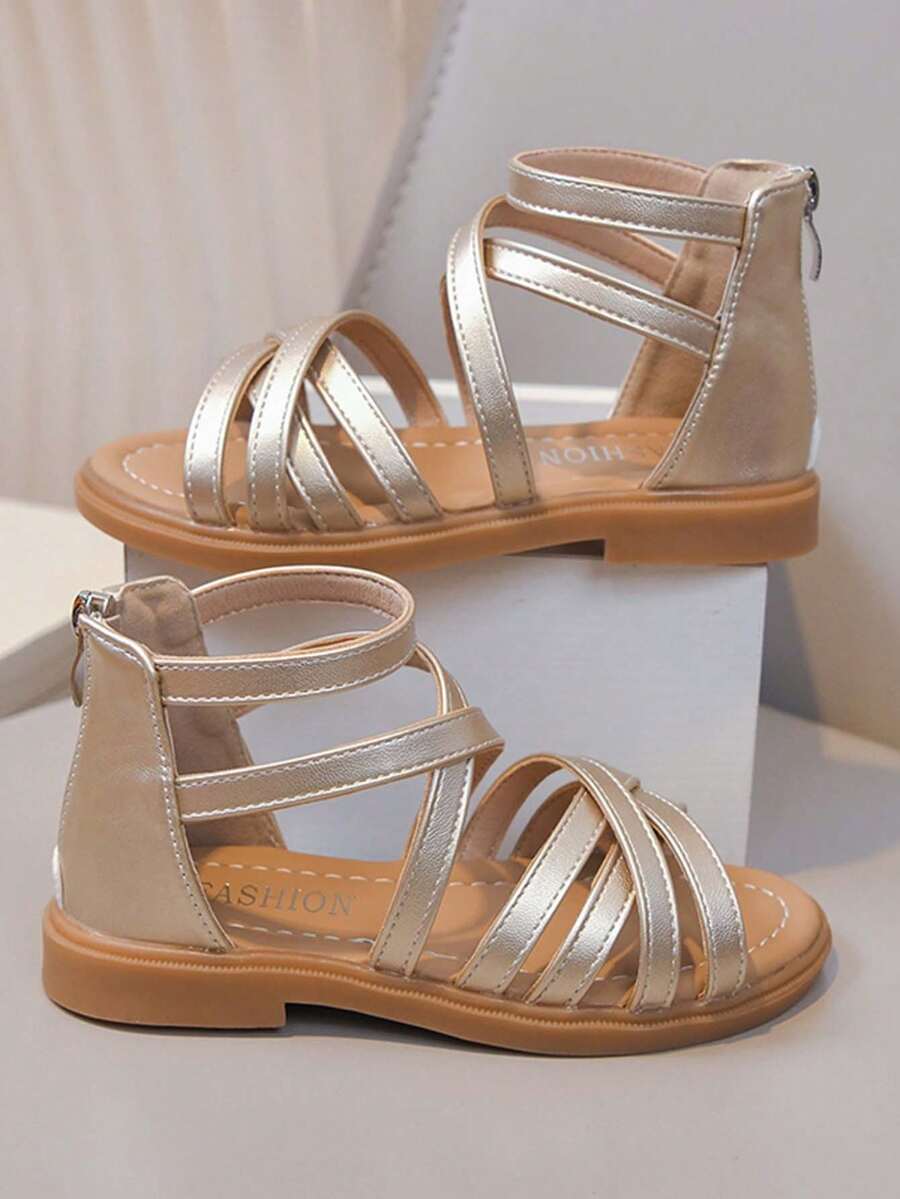 1 đôi sandal cao cổ đế bằng kiểu công chúa dễ thương cho bé gái, chống mài mòn và chống trượt, sandal La Mã hở mũi thời trang cho mùa hè - Vàng - Xem 1