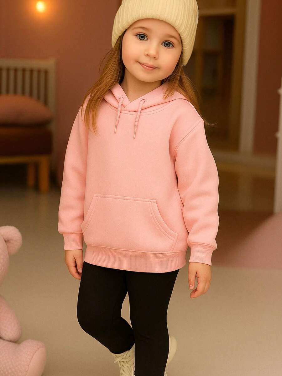 Children's Plain Fleece Sweatshirt, Basic Cold Weather Jacket With Hood, Flannel Lined, Premium Kangaroo Hoodie, Various Colors, Winter, Sizes 2 To 16 - Màu Hồng baby - Xem 1