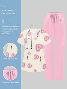 cimmuovere Women's New V-Neck Short Sleeve Top With Heart Print And Pockets, Paired With Pink Straight Leg Pants 2 Piece Set, Spring/Summer Scrubs Nurse Scrubs Workwear Dentist Healthcare Pet Hospital Laboratory Outfit, Valentine's Day - Pink - View 7