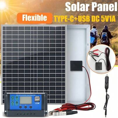 ชุดแผงโซลาร์เซลล์ 50W พร้อมตัวควบคุม 100A - แผงชาร์จพลังงานแสงอาทิตย์แบบพกพาสำหรับพาวเวอร์แบงค์, การตั้งแคมป์, การเดินป่า, ยานพาหนะ, เรือ, โทรศัพท์, ไฟถนน, การเฝ้าระวัง, บ้านสัตว์เลี้ยง - ถอดได้, ไม่มีแบตเตอรี่, เอาต์พุต 12V/18V/24V พร้อม USB 5V
