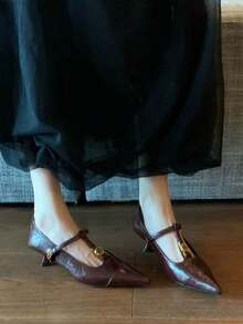 法式新款搭扣小猫跟玛丽珍鞋，优雅女士尖头细高跟鞋，适合办公室穿着 - 酒紅色 - 查看 7