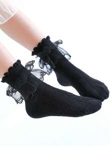 5双装女童春夏黑色舞蹈袜，可爱精致亲肤柔软蕾丝边袜，经典简约轻便透气网眼袜，适合日常搭配裙子、参加派对、度假、舞蹈练习等场合。 - 黑色 - 查看 4