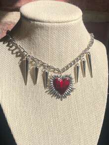 1pc Spiked Heart Shaped Necklace, Red Heart Pendant, Gothic Punk Necklace - Rivet Necklace - View 2