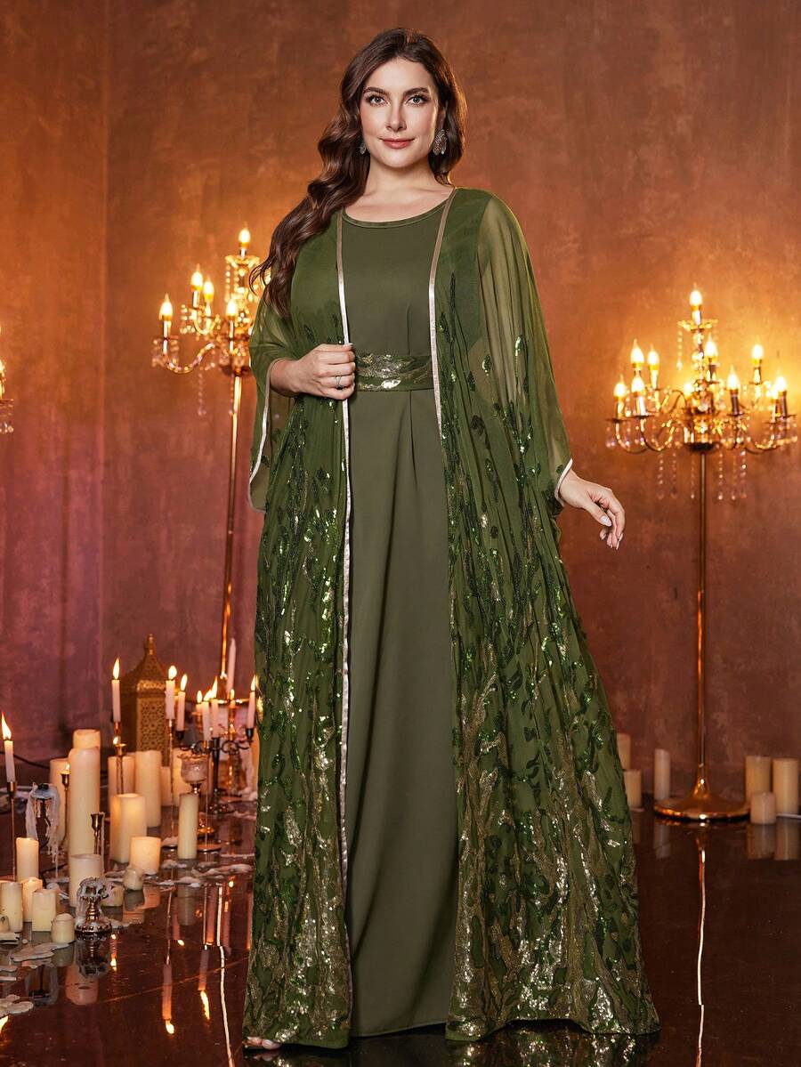 SUPGIR [Random Print] Plus Size Women Long Sleeve Sequin Patchwork Waist Tie Evening Dress Spring - Olive Green - View 1
