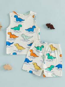 Toddler Baby Boy Summer Clothes Beach Outfit Palm Tree Dinosaur Duck Print Sleeveless Shirt Tank Top Elastic Waist Shorts Set - Màu vàng - Xem 2
