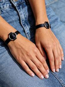 2PCS Edgy Black Leather-Look Cuff Bracelet Set With Metal Ring Detail Streetwear Accessory Adjustable Synthetic Cute And Sexy Punk Gothic Loop Strap - Black - View 9