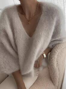 Casual enfärgad 3/4-ärmad tröja i konstkashmir för kvinnor, enfärgad fin fleece för heminredning, lämplig för jul, alla hjärtans dag, vår/höst, höst/vinter - Kaki - Visa 3