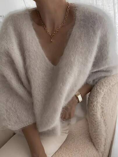 Casual Solid Color Faux Cashmere 3/4 Sleeve Women Sweater, Solid Color Fine Fleece Homewear, Suitable For Christmas, Valentine's Day, Spring/Autumn, Autumn/Winter