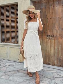 Floral Dress, Evangelical Fashion, Straight Neckline, Embroidered, Long, Lined, With Elastic Waist, Short Sleeves, Tie Detail, Elegant For Parties - 白色 - 查看 5