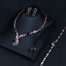 5pcs Set Including Necklace, Earrings, Bracelet And Adjustable Open Ring, Featuring Collarbone Chain, Crystal Gemstone Design, Blue-Green-Purple Crystal Luxury Fashion Wedding Necklace Set, Valentine's Gift For Her - Multicolor - View 2