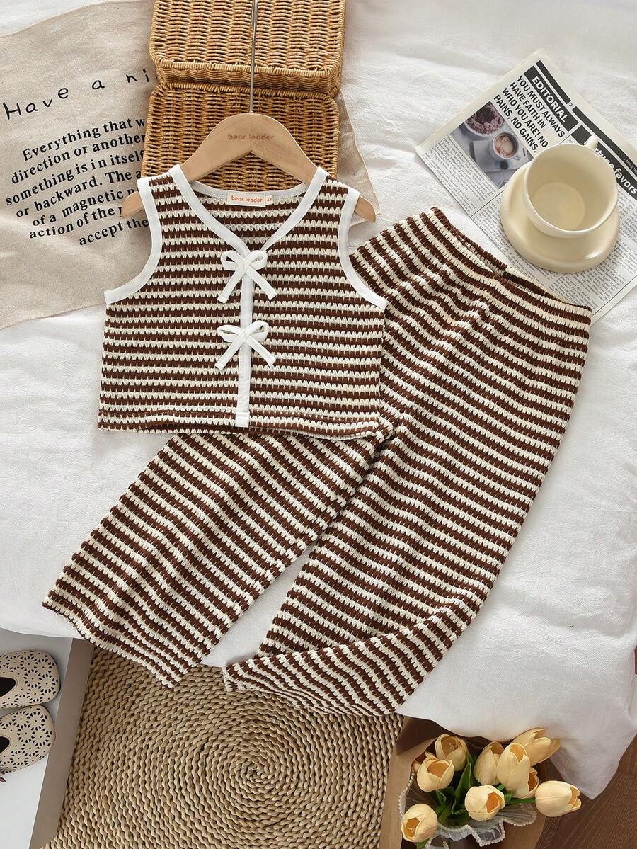 bearleader Conjunto de verano informal de top sin mangas a rayas con lazo y pantalones de punto para niñas, adecuado para niñas de 3 a 7 años - Caqui - Ver 1