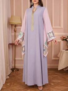 Solessence Abaya Siskakia pour femme avec sequins, bande en dentelle, diamants, col montant évasé, manches évasées, élégant et modeste, manches longues, ample, kaftan marocain saoudien - Prune - Voir 2