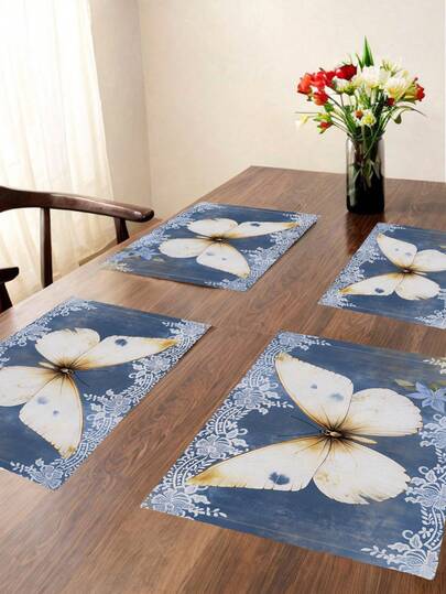 4Pcs Vintage Blue Lace White Butterfly Floral Placemats Placemat Easy Clean Decoration Table Mats Indoor Outdoor Round Table Party Dining