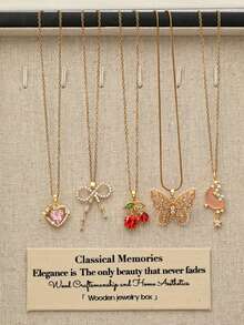 1 Pc 18K Gold Stainless Steel Cherry Butterfly Moon & Star Heart Pendant, Crystal Bow Charm Necklace, Spring Summer Jewelry For Women Daily Wear - Multicolor - View 1