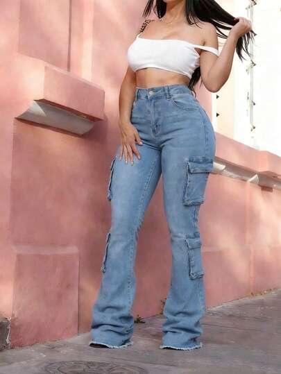 Women's High Waisted Stacked Cargo Jeans Stretchy Ruched Denim Pants Slim Fit Multi Pocket Streetwear Trousers With Raw Hem