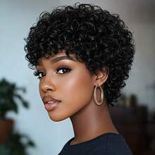 Afro Kinky Curly Bob Wig With Bangs Brazilian Human Hair Wig For Women Short Water Curly Pixie Cut Remy Human Hair Wig Full Machine Made 4" 200% Density For Daily Wear & Cosplay & Parties & Music Festival & Valentine's Day - Natural Black - View 4