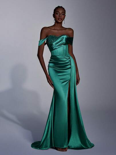 AOSHABABI Olive Green One Shoulder Evening Maxi Dress, Asymmetrical Sleeve + Glitter Crop Top, High Waist Slit Hem, Backless Lace-Up Design, Accentuate Waistline, Suitable For Formal Occasions, Music Festivals, Galas, Wedding Guests, Holiday Parties, Graduations, Cocktail Events, Dates, Holidays And Bridesmaid Dresses