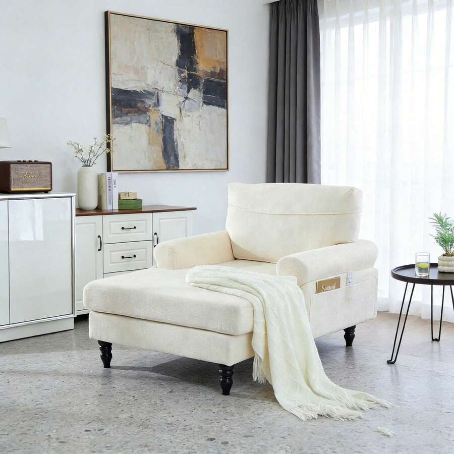 Chaise Lounges - Beige + Chenille + 1 Seat - View 1