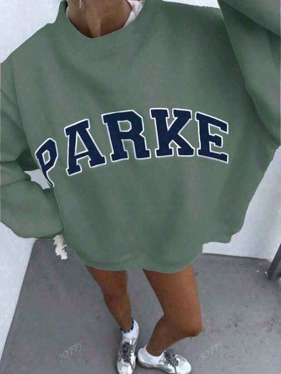 Women's Casual "PARKE" Letter Print Loose Pullover Sweatshirt, Encountering Lazy Fashion. 2026 New Y2Y Style Casual Women's Sweatshirt - Versatile For Sports, Leisure, And Everyday Wear New Years Outfit WomenWomen'S Sweatshirt - Black With Colorful Lettering, Soft Crewneck Pullover For Everyday & Special Occasions, Fall/Spr - 綠色 - 查看 1