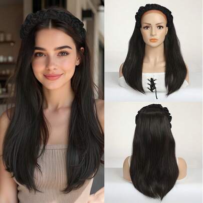 22英寸纯色褶皱发箍假发，适合音乐节，可拆卸，女士合成纤维假发，直发半头假发