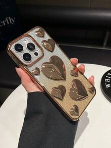 1pc Electroplated 3D Big Heart Gradient Glitter Full Coverage Soft TPU Phone Case Compatible With IPhone 16/11/11 Pro/11 Pro Max/12/12 Pro/12 Pro Max/13/13 Pro/13 Pro Max/14/14 Pro/16 Plus/14 Pro Max/15/15 Pro/15 Plus/15 Pro Max - Gold - View 3