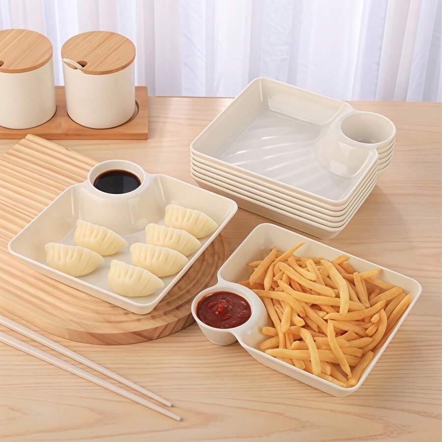 2pcs - White Rectangular Divided Plates, Suitable For Fries, Sushi And Appetizers, Great For Platters And Party Trays | Durable Plastic Material - Dumpling Plate, Dipping Sauce Dish, Fried Chicken Platter, Creative Plastic Household Plates With Vinegar Dish