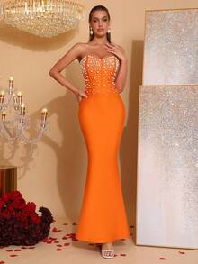 New Sexy Strapless Pink Pearl Decor Wedding Party Cocktail Evening Gown - Jeruk - View 2
