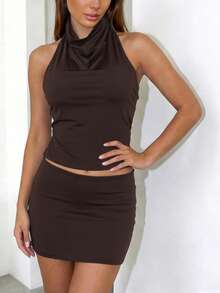 性感露背吊带上衣和紧身迷你裙两件套 - 咖啡棕 - 查看 4