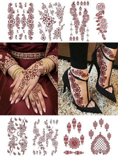 红棕色海娜风格纹身贴纸，适合女性使用。防水，持久2-5天，可遮盖疤痕。可用于手指、手臂、颈部、胸部、腰部、腿部、脚部和脚踝。适用于婚礼、节日、派对、送礼、假期庆祝活动、斋月和开斋节。