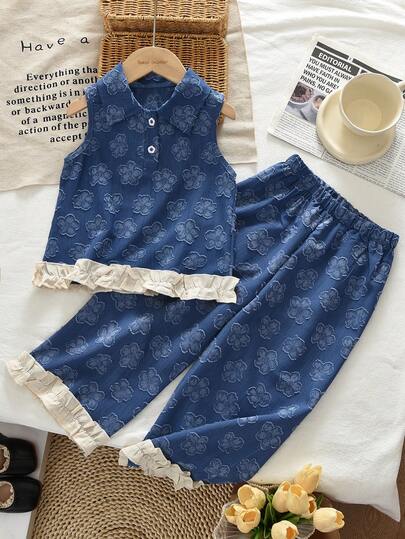 2pcs Girls' Fashion Set, Denim Effect Sleeveless Printed Lapel Top Paired With Lace Patchwork Long Pants, Casual Outfit