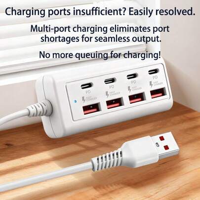WOWSSYO 黑白多功能延长线充电器 8 合 1 集线器 25W 黑/白适配器 4 个 USB 端口 + 4 个 Type-C PD 快充端口 电源集线器 快速充电 Type-C 多功能插头/多输出端口 USB 适配器 USB-C 集线器 USB 集线器/多端口集线器 兼容笔记本电脑、手机、平板电脑和其他设备 女士节礼物