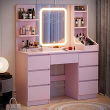 Devoko Vanity Unit With LED Lighting, 3-Stage Brightness Control, Vanity Unit With Adjustable Mirror, 7 Drawers And Open Shelves, Modern Wooden Dressing Table For The Bedroom, Stylish Contemporary Design, Stepless Dimming, White/Pink/Black - 查看 2