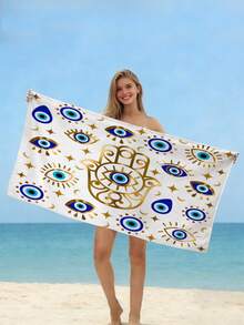 1pc Fatima Hand Pattern Beach Towel, Evil Eye Geometric Print Super Soft Quick Dry Large Beach Towel/Bath Towel, Sacred Geometry Design Beach Towel For Beach, Bathroom, Swimming, Fitness, Yoga, Camping, Soft & Comfortable Microfiber Towel, Lightweight & Portable, Wind & Sun Protection, Summer Travel Anti-Sand, Beach Resort Essential Gift Shawl Beach Towel (Single-Sided Print, Multiple Colors Available) - Eye Wrinkles B - View 7