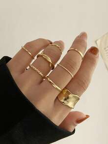 8pcs Vintage Minimalist Twist Rings, Personalized Geometric Metal Knuckle Rings For Women - Yellow Gold - View 1