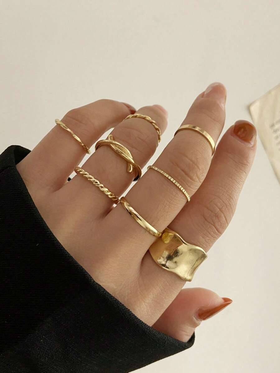 8pcs Vintage Minimalist Twist Rings, Personalized Geometric Metal Knuckle Rings For Women - Yellow Gold - View 1