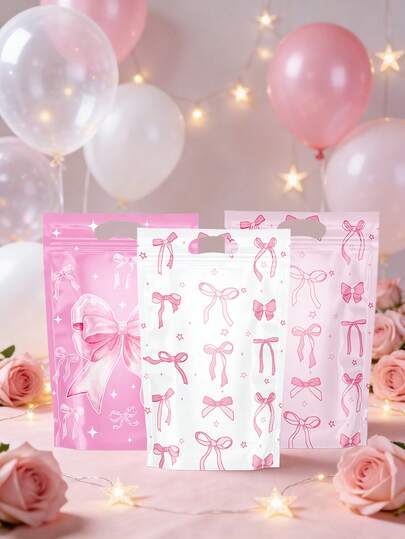 10/25pcs Pink Bow Candy Bags, Zipper Seal Bags, Pink Bow Design Dessert Bags, Gift Bags Suitable For Birthday Party, Gender Reveal Party, Wedding Decoration, 1st Birthday Party, Cookies & Candy Packaging