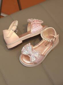 1 Pair New Girls' Flat Sandals With Bowknot, Shiny Princess Sandals, Wear-Resistant Non-Slip Lightweight Soft, Suitable For Daily, Casual, Party Wear - Pink - View 4