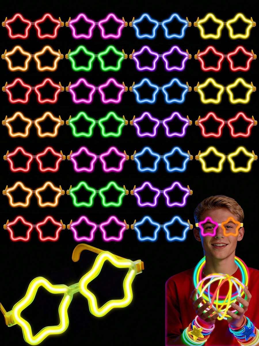 10副五角星造型荧光眼镜，霓虹眼镜，荧光棒眼镜，成人荧光眼镜，夜光派对用品，荧光眼镜，适合舞会、婚礼、情人节、生日、派对、节日和日常佩戴，派对眼镜和派对配件