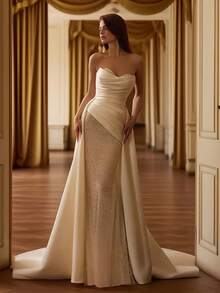 Elegant Sexy Off Shoulder Mermaid Satin Wedding Dress,Registry Office Dresses Bridal Gown,Evening Party Dress Birthday Party Dress Country Wedding,Romantic Church Ceremony Wedding Dress,Suitable For Wedding,Dating,Party,Singles' Party,Vacation,Formal Occasions,Dinner Dress,Prom Dress,Homecoming Dess,Cocktail Party,Wedding Guest Dress,Graduation - trắng - Xem 4