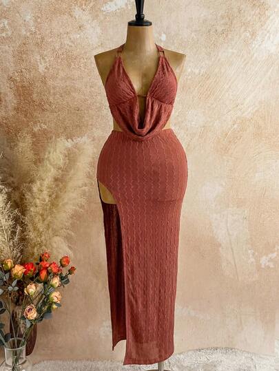 2pcs/Set Women Backless Camisole Top And High Slit Midi Skirt, Summer Party Outfit Suitable For Nightclub, Tropical Resort, Music Festival, Evening Events