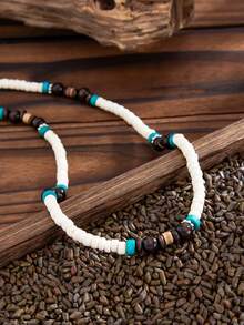 1件复古圆形木珠不对称CCB椰壳米珠吊坠项链，哥特朋克风，休闲简约风，街头风，摇滚派对风，男女皆宜的个性化百搭时尚项链礼物 - 項鍊 - 查看 8