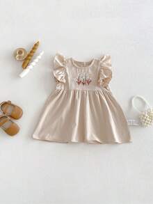 Baby Girls' Minimalist Sweet Embroidered Floral Sleeveless Dress, Spring/Summer - Apricot - View 2