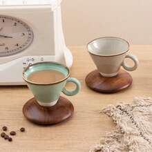 一套150毫升/5盎司独特锥形设计咖啡杯，配相思木杯垫，复古反应釉陶瓷咖啡杯碟套装，适用于家庭、餐厅、聚会和办公室。 - 彩色 - 查看 4