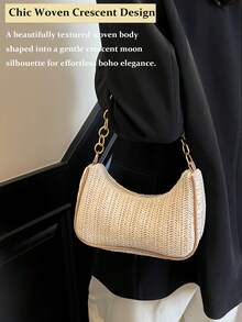 Fashionable Solid Color Woven Moon Shaped Women's Bag With Metal Chain Strap, Straw Crescent Women's Multipurpose Handbag,Casual Beach Vacation Style Shoulder Underarm Tote Bag, Eye-Catching Beach Bag, Hottest Beach Bags For Women, Fashion Summer Vacation Bag,Can Be Used As Handbag, Shoulder Bag, Tote Bag, Beach Bag, Casual Woven Bag, And Cell Phone Bag, Summer Essentials, Perfect For Vacation & Holiday, Beach Purse, Perfect For Summer, Vacation & Daily Use, Travel Must Haves[US Local Warehouse]The Best Gift Choice, Birthday Gift - 彩色 - 查看 4