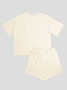 2pcs Women's Casual Cotton Set - Cream, Loose T-Shirt, Drawstring Shorts, Soft & Comfortable Summer - Apricot - View 4