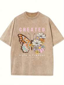 Summer Tops2026Women's Retro Washed Cotton T-Shirt - 230g Thick Cotton Loose Fit Crew Neck Short Sleeve, Vintage Street Style With Floral Butterfly & Inspirational Letter Print, Machine Washable Spring/Summer Casual Top, Cotton T Shirts, Everyday Comfort Tee, Relaxed Fit Tee, Soft Texture Shirtsummer Clothes Washed Cotton - 咖啡色 - 查看 12